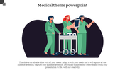 Medical themed slide with three healthcare workers in green scrubs, standing next to a cart, on a dark curved background.
