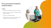 Medical slide with a circular image healthcare worker, surrounded by orange and white design elements and text areas.