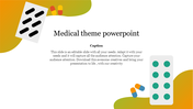 Medical themed slide with pill strips and capsules on gradient shapes, centered text area with  caption and heading.