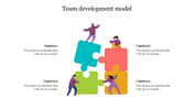 Team development model with four colorful puzzle pieces and people with captions.