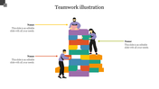 Illustration of teamwork PPT slide with three people stacking colorful blocks to build a tower with placeholder text.