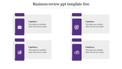 Business review PowerPoint template with four sections, each featuring an icon and a caption on a purple theme.