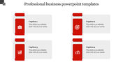 Professional template with red sidebar icons and four rectangular caption boxes in a clean two column format. 