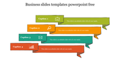 Business slide with four staggered caption ribbons in green, orange, teal, and red, each containing icons and text blocks.