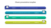 Classic layout with four colorful ribbon shaped banners, each numbered and containing a text area for captions. 