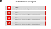 Creative slide layout featuring four caption boxes with red icon tabs and gray content areas for placeholder text. 