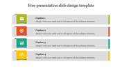 Slide design with four colored square icons on the left and matching accent bars on the right of gray text boxes.