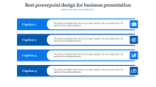 Professional business PowerPoint slide with four blue caption sections and icons on a white backdrop.