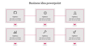 Business idea with six grey square boxes with icons and captions arranged in two rows, connected by pink arrows.