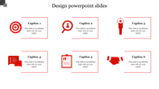 PowerPoint slide design with six red icons and captions for a structured presentation layout on a white backdrop.