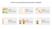 Six rectangular sections with icons in orange and green, each containing a caption and text, arranged in two rows.