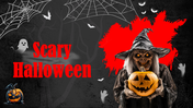 Scary Halloween slides with dark red theme, witch holding pumpkin, cobwebs, ghosts, icons, shapes, and text sections.