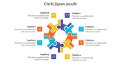 Puzzle-shaped circular diagram with sections in blue, orange, yellow, and purple, each linked to captions with icons.