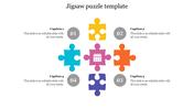 Central jigsaw puzzle with six colorful pieces around a calendar icon, each linked to numbered circles and caption text.