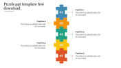 Vertical arrangement of five colorful puzzle pieces in blue, orange, green, yellow, and red, with captions beside.