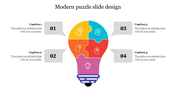Puzzle slide shaped like a bulb with five sections in bright colors, each showing idea icons and linked to four text labels.