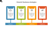 Generic business strategies slide with four vertically aligned, colored rectangles, each containing an icon and caption area.