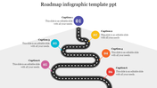 Infographic slide with a road map design,  and six distinct stages, each highlighted by a colored marker and caption area.