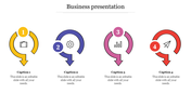 Color-coded business steps with icons inside arrows, numbered from 1 to 4 with captions areas beneath.