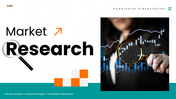 market research slide with teal orange theme, magnifier, charts, icons, arrows, and structured text holders.