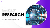 market research slide with purple theme, magnifier, charts, circular image, and structured text holders.