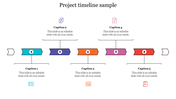 Horizontal project timeline with five colored arrow segments, each labeled with captions and icons above or below the line.