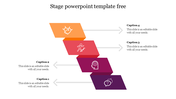 A stage themed PowerPoint template with colorful blocks, each containing an icon and text sections on a white backdrop.