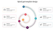 Spiral infographic with six numbered hexagons in gradient colors, linked to caption boxes with icons on both sides.