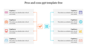 A pros and cons PPT template with icons and caption sections for each point with a check and cross on a white backdrop.