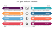 A pros and cons PowerPoint template with color coded arrows and icons, each section containing text on a white backdrop.