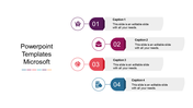 Microsoft PowerPoint template featuring numbered steps with icons and space for text input on a white backdrop.