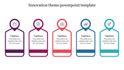 Five labeled tags in purple, pink, orange, blue, and teal, each featuring an icon and text below.