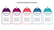 Row of five rounded vertical cards in gradient colors, each with a circular number icon and caption text area below.