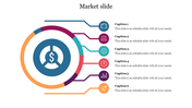 Circular infographic with a dollar symbol at the center, connected to six colored icons with captions on the right.