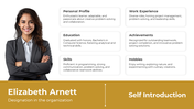 Self introduction slide with a professional woman photo and six white profile boxes on the right over white background.