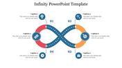 Infinity PowerPoint template featuring an infinity loop design with six numbered captions and corresponding icons.