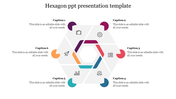 Hexagonal pattern with colorful sections in purple, pink, orange, blue, teal, and yellow, with text placeholders.