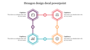 Hexagon PowerPoint template design with connected sections for business themes with color coded icons and captions.