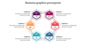 Hexagon infographic with six numbered icons in a circular layout, each linked to a caption box around the outer edge.
