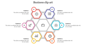 Business clip art slide with six interconnected hexagons featuring icons and numbered captions areas.