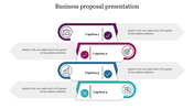 Business proposal slide with four horizontal shapes in purple, red, blue, and green, with icons and text blocks.