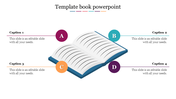 Open book with a stylized design, featuring four areas marked A, B, C, and D with captions placed around the book.