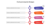 Slide displaying four shapes in purple, orange, pink, and red, each with an icon and caption, connected by vertical line.