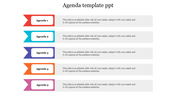 A vibrant PowerPoint slide featuring five agenda items, each with text and a unique color scheme.