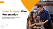 Hotel Business Plan Presentation with orange theme, staff images, charts, and structured text blocks.