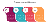Four curved colored sections in purple, teal, red, and orange, each with an icon and text inside.