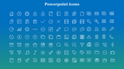Set of white line icons, arranged neatly on a blue background, covering topics like analytics, tools, and multimedia.