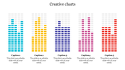 Bar chart slide with five colorful charts, each in a distinct color teal, yellow, purple, pink, and red, with caption spaces.