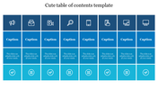 Table of contents slide with stacked blue blocks, each featuring an icon, a caption, and a check or cross icon.