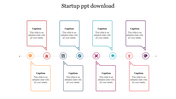 A colorful startup PPT template featuring various sections with icons representing key business concepts with captions.